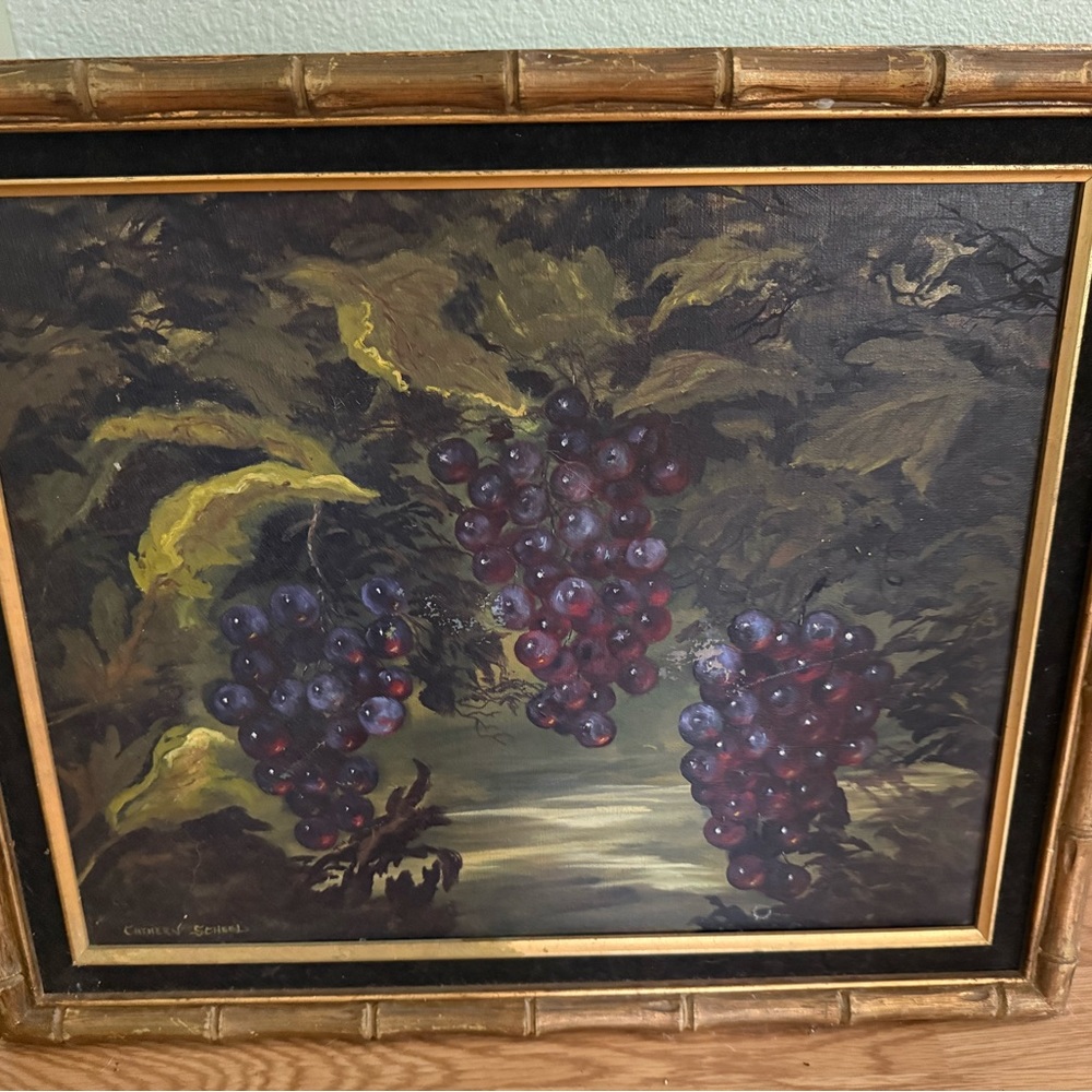 Vintage Grapevine signed painting in MCM Wood Frame - winery, home, bar